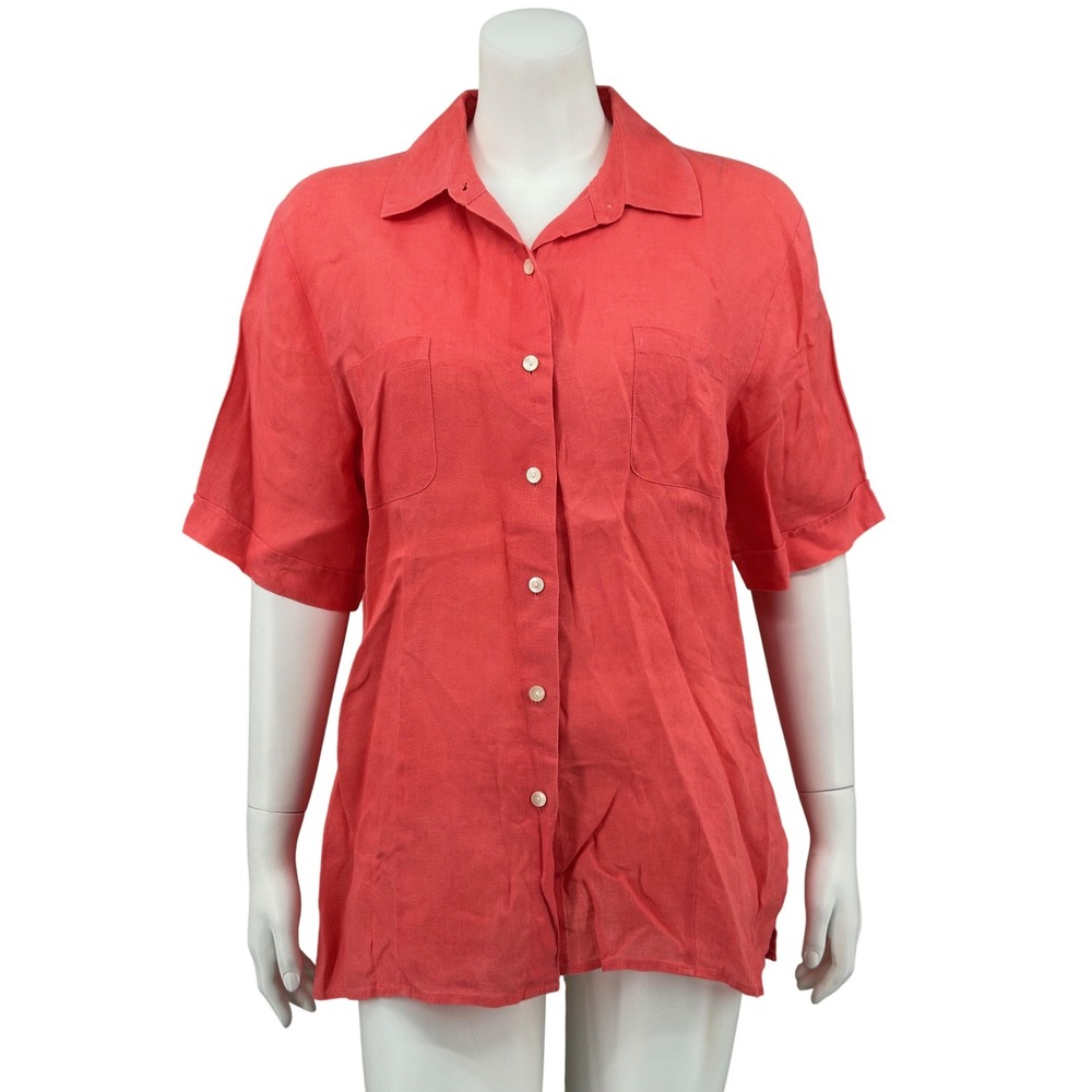 Talbots Top Womens 16 Coral 100% Irish Linen Button Up Short Sleeve Sheer Beachy